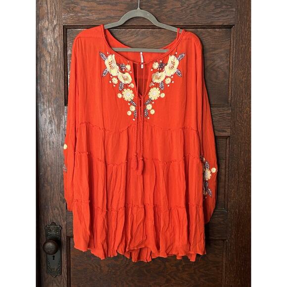 Free People Dresses & Skirts - FREE PEOPLE Poppy Red Spell on You Embroidered Mini Peasant Boho Dress Sz XS